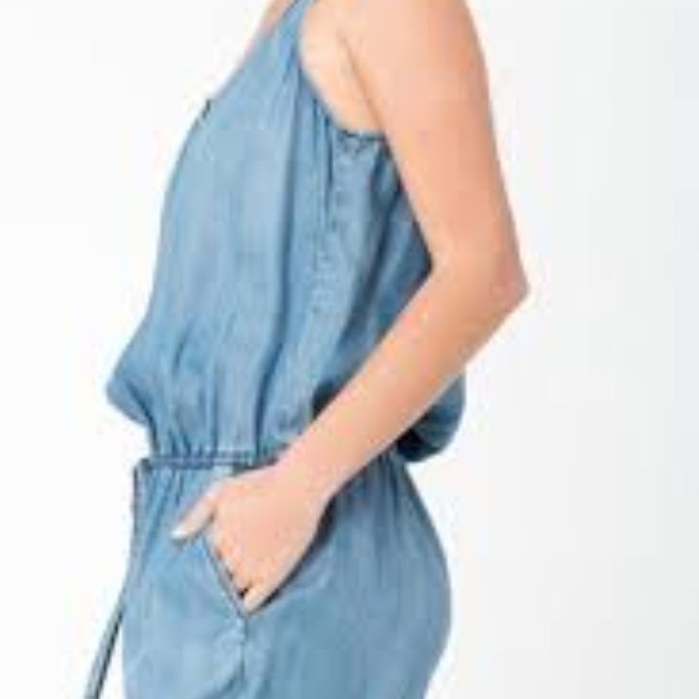 NWT Sneak Peek Chambray Denim Tie Waist Romper S - Picture 2 of 6